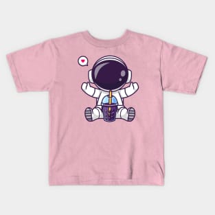 Cute Astronaut Drinking Boba Milk Tea Space Cartoon Kids T-Shirt